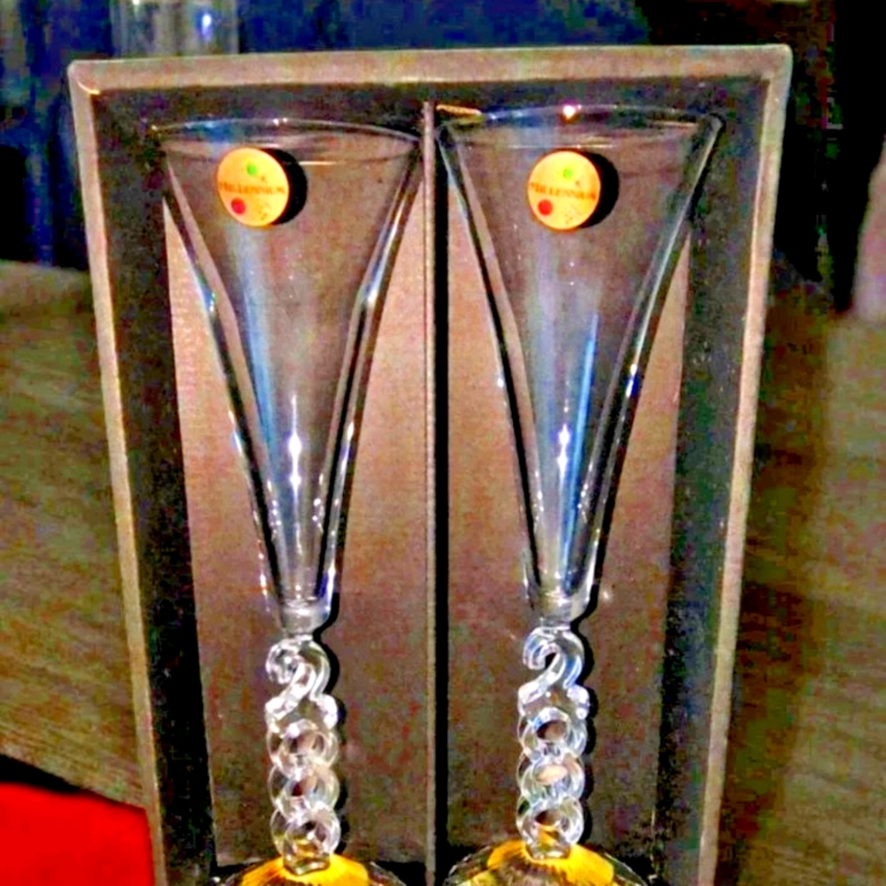 Cristal d’Arques Millennium 2000 Crystal Champagne Flutes Original Box Retro